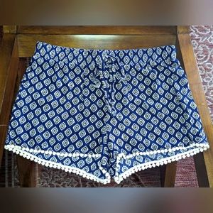 Living Doll BOHO Hippie Fringe Shorts Drawstring Elastic Waist Blue SMALL